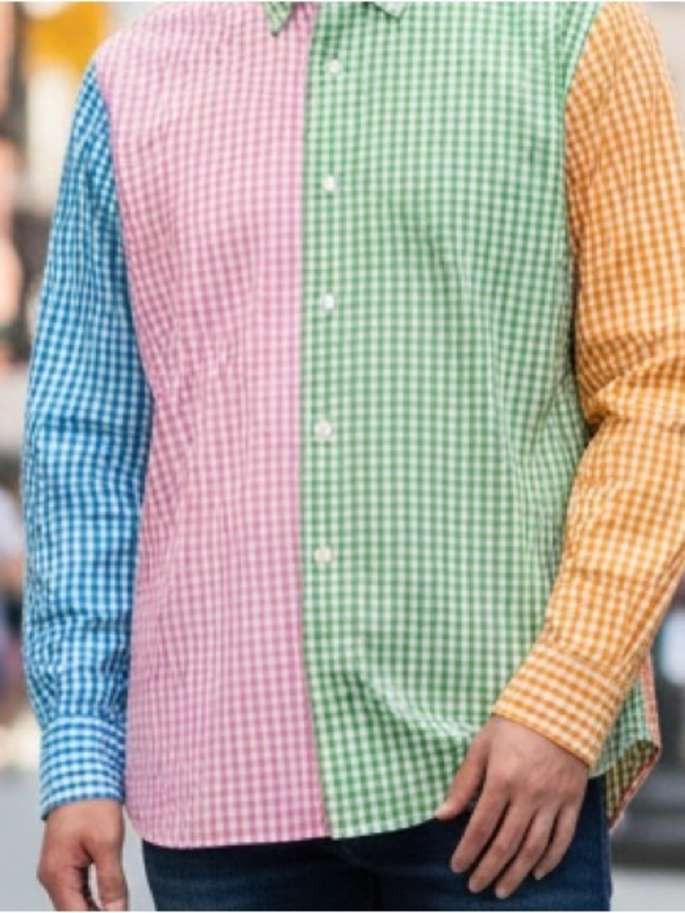 Lilly Pulitzer via Palm Beach Colorblock Gingham Button-Down Shirt Blue, Pink M - Picture 3 of 9